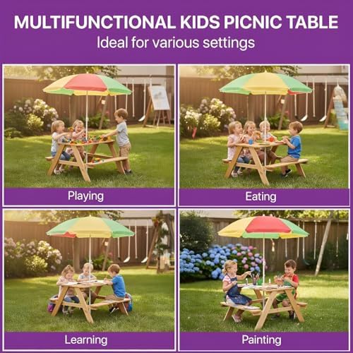 Plum® Wooden Kids Picnic Table - Outdoor Toddler Activity Table and Chair Set with Removable & Adjustable Umbrella, Built-in Bench, Backyard Furniture, Durable, Weatherproof, Easy to Clean, Ages 2+