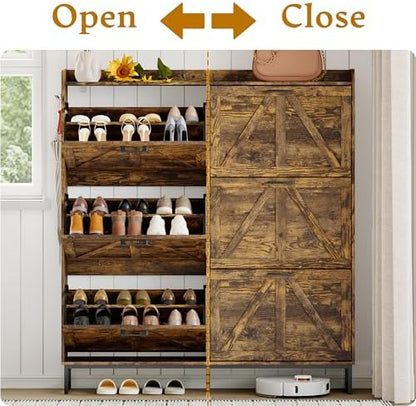 Wodeer Shoe Cabinet Storage for Entryway, Shoe Storage Cabinet with 6 Flip Drawers, Freestanding Narrow Shoe Rack Organizer with Metal Legs, Adjustable Shelves & Open Storage for Foyer, Hallway, Brown