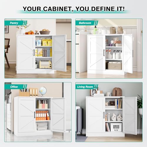White Storage Cabinet with Doors and Adjustable Shelves,36" Farmhouse Food Pantry Cabinets,Small Sideboard Cabinet,Short Metal Storage Cabinets for Home Kitchen,Dining/Living/Laundry/Room