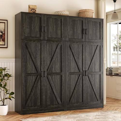 Unikito 71” Tall Storage Cabinet, Farmhouse Kitchen Pantry Storage Cabinet with Adjustable Shelves and Barn Doors, Versatile Storage Cupboard for Dinning Room, Bathroom, Living Room, Black Oak, 2 Pack