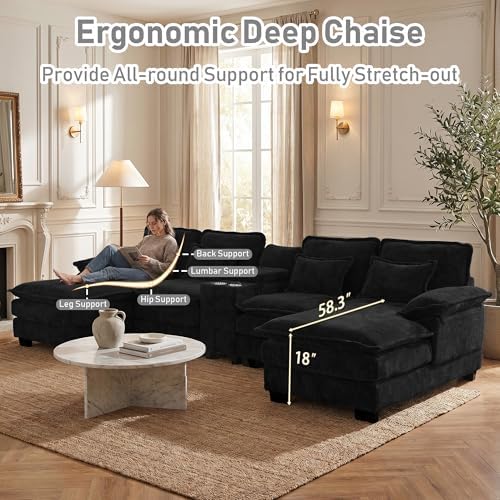 ONEMMLION 133" U Shaped Sectional Cloud Couch with USB & Cup Holder,Black