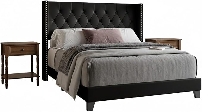 HOME DESIGN Homer Queen Tufted Wingback Upholstered Panel Bed with 2 Matching 1 Drawer Nightstands, Bedroom Furniture Set with Open Shelf Storage, Black Brown