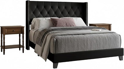 HOME DESIGN Homer Queen Tufted Wingback Upholstered Panel Bed with 2 Matching 1 Drawer Nightstands, Bedroom Furniture Set with Open Shelf Storage, Black Brown