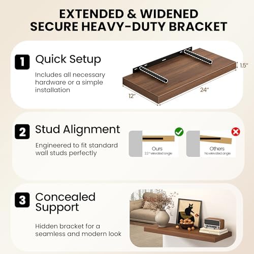 40 Inch Floating Shelves, 12 Inch Deep Wall Shelves, 40 x 12 Floating Shelf Set of 2, Walnut Wood Floating Shelf Wall Mounted, Large Kitchen Living Room Bedroom Bathroom Storage Shelves