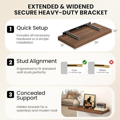 40 Inch Floating Shelves, 12 Inch Deep Wall Shelves, 40 x 12 Floating Shelf Set of 2, Walnut Wood Floating Shelf Wall Mounted, Large Kitchen Living Room Bedroom Bathroom Storage Shelves