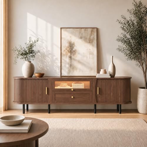 IRONCK 70 Inch TV Stand for TVs up to 75 Inch with Sliding Doors, Walnut