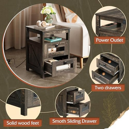 WLIVE Night Stand with Charger Station, End Tables Bedroom, Bed Side Table with 2 Wooden Storage Drawers, Farmhouse Nightstand with USB Ports and Outlets, Dark Rustic Oak
