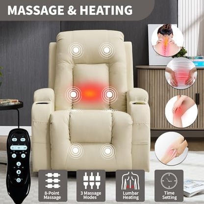 Trustyue Power Lift Recliner Chair with Heat and Massage, Lift Chairs for Standing Assistance, 2 Cup Holders, 4 Pockets, USB Charge Port (Light Yellow, Breathable Leather)