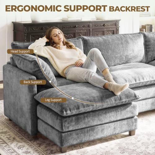 LEVELEVE 146" U-Shape Modular Sofa with 2 Ottomans, Deep Seat Cloud Convertible Sleeper, 2 Arm Pillows, Cozy Large Upholstered Furniture for Living Room Apartment, Dark Grey