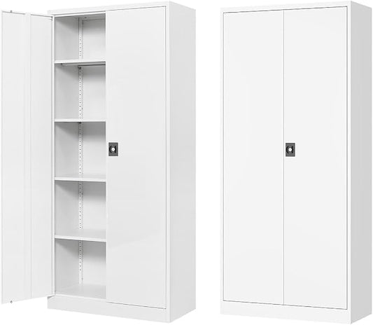 Fesbos Metal Storage Cabinet-71” Tall Steel File Cabinets with Lockable Doors and Adjustable Shelves-White Steel Storage Cabinet for Home,Kitchen, School, Office, Garage