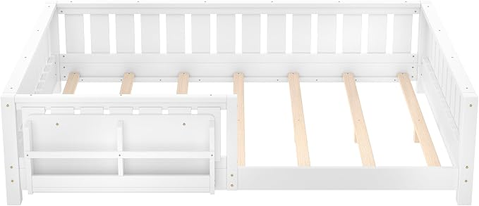 Bellemave Queen Size Floor Bed with high Rails and with Built-in Bookshelf for Kids, Girls, Boys, Wood Montessori Floor Bed Without Door, White
