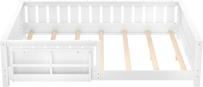 Bellemave Queen Size Floor Bed with high Rails and with Built-in Bookshelf for Kids, Girls, Boys, Wood Montessori Floor Bed Without Door, White