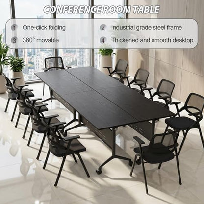 Folding Conference Table Modern Large Mobile Meeting Table Rolling Conference Room Tables with Wheels Seminar Tables for Office Training Classroom (10, Textured Black, 70.9" D X 23.6" W X 29.5" H)
