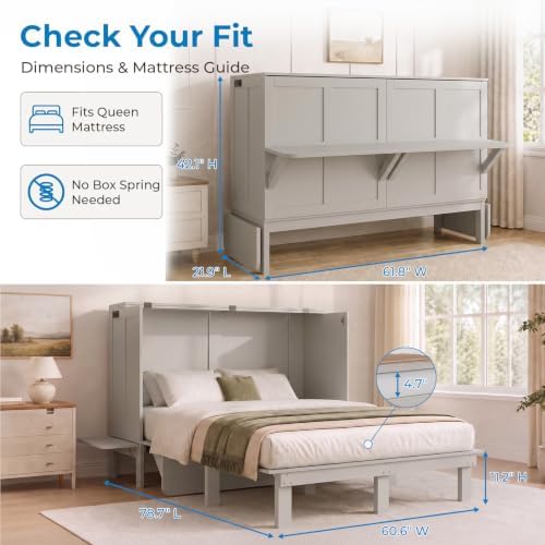 Mjkone Queen Murphy Bed with Desk and Mattress, Dark Grey