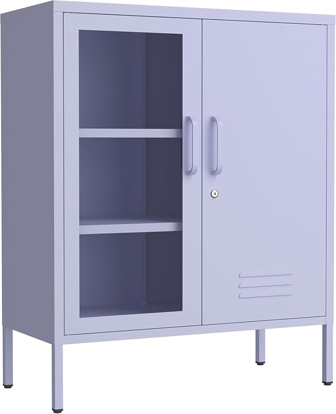 Metal Cabinet Metal Bathroom Storage Cabinet Metal Storage Cabinets with Glass Door and Adjustable Shelves Cabinet Storage for Coffee Bar for Homes, Living Rooms and Offices Purple 33''H