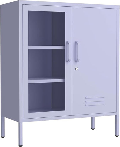 Metal Cabinet Metal Bathroom Storage Cabinet Metal Storage Cabinets with Glass Door and Adjustable Shelves Cabinet Storage for Coffee Bar for Homes, Living Rooms and Offices Purple 33''H