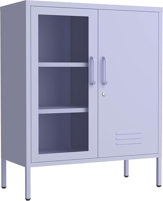 Metal Cabinet Metal Bathroom Storage Cabinet Metal Storage Cabinets with Glass Door and Adjustable Shelves Cabinet Storage for Coffee Bar for Homes, Living Rooms and Offices Purple 33''H