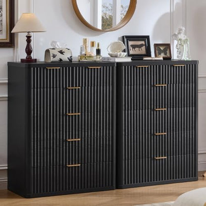 LEYAOYAO Fluted 6 Drawers Dresser for Bedroom, 42" Tall Modern Chest of Drawers with Metal Handle, Curved Profile Design,Black Wood Drawer Organizer for Bedroom, Living Room, Hallway, Entryway