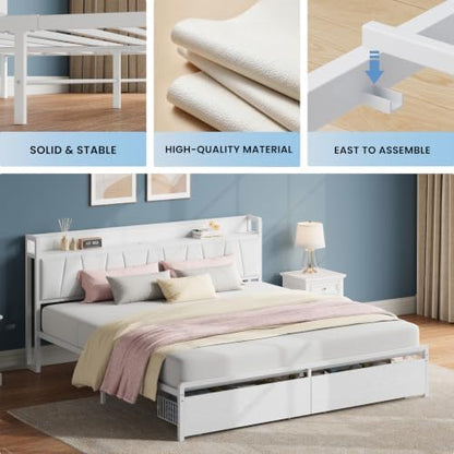 LIKIMIO California King Size Bed Frame with 2 Drawers and Charging Station