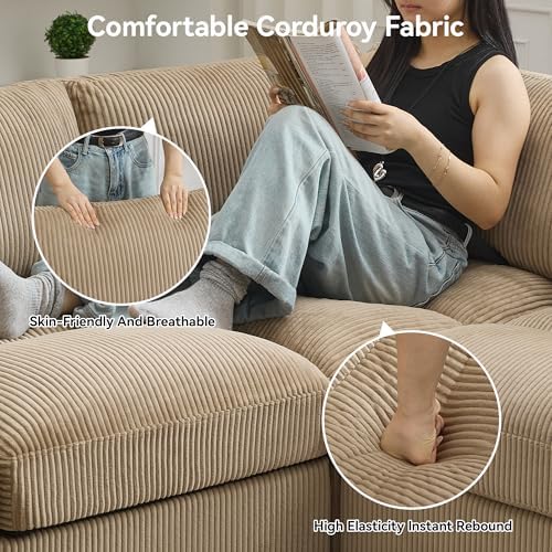 Modular Sectional Sofa, 61'' Corduroy Deep Seat Couch with 2 Ottoman, Camel