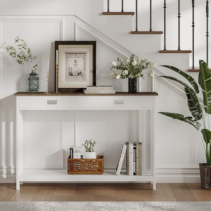 ChooChoo 47" Farmhouse Entryway Table with Drawer, White and Brown