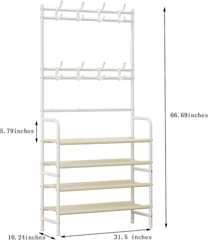 Coat Rack Shoe Rack With Storage Shelf Freestanding with 8 Hooks for Entryway Bedroom Closet (White, 4Tiers)