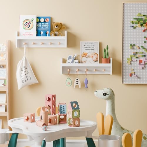 Nursery Floating Shelves Set of 2 - Pine Wood Kids Shelves, Wall Shelf with Hooks, 24 Inches Floating Shelves for Wall Storage, Nursery Shelves for Kids Room, Bedroom, Entryway(White)