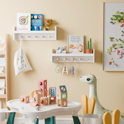 Nursery Floating Shelves Set of 2 - Pine Wood Kids Shelves, Wall Shelf with Hooks, 24 Inches Floating Shelves for Wall Storage, Nursery Shelves for Kids Room, Bedroom, Entryway(White)