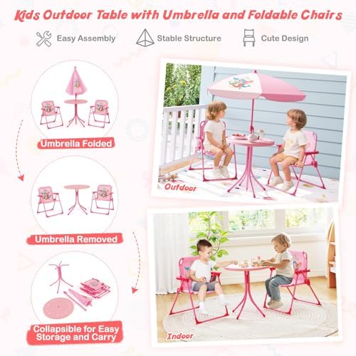 HONEY JOY Kids Picnic Table, Animal Themed Toddler Outdoor Table and Chair Set, 2 Folding Chairs & Removable Umbrella, Children Outdoor Furniture for Backyard Patio Garden (Pink Mermaid)