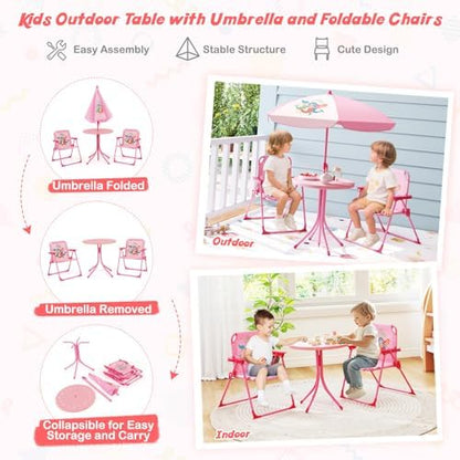 HONEY JOY Kids Picnic Table, Animal Themed Toddler Outdoor Table and Chair Set, 2 Folding Chairs & Removable Umbrella, Children Outdoor Furniture for Backyard Patio Garden (Pink Mermaid)