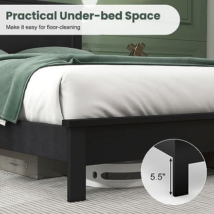 GIANTEX Wood Queen Platform Bed Frame with Headboard, Mid Century Bed Frame with Solid Wood Legs & Wooden Slat Support, Pallet Bed Mattress Foundation, No Box Spring Needed, Black