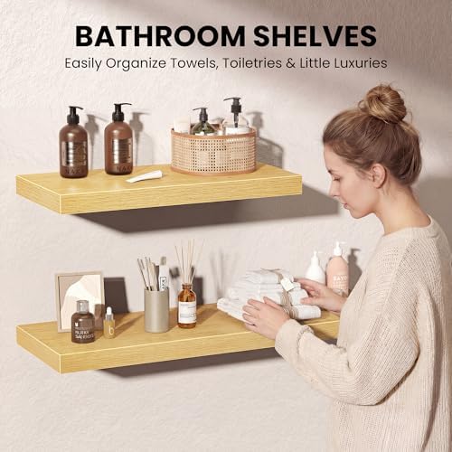 Oak Floating Shelves for Wall, 55 Inch Floating Shelves Set of 2, Wall Mounted Rustic Wood Shelf for Bathroom, Living Room, Bedroom and Kitchen, Hanging Shelf for Storage, Books, Home Decor