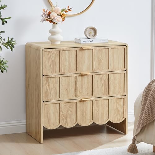 3 Drawer Dresser for Bedroom Set of 2, Modern Closet Chest of Drawers with Wave Fluted Drawer, Wood Storage Small Dresser Organizer for Nursery Bedroom Living Room Hallway Closet (Natural)