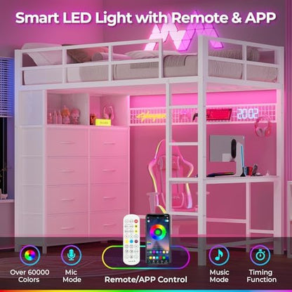 ADORNEVE Twin Loft Bed with Desk, 8 Storage Drawers,LED Lights, White