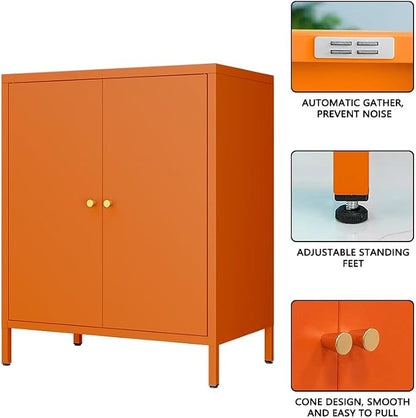 2 Door Metal Accent Storage Cabinet for Home,Office Room,Kitchen-Metal Locker Cabinet with 1 Adjustable Shelves-2-Tier (Small 2 Door Cabinet, Orange)