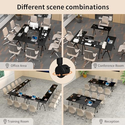 Folding Conference Table with Wheels, 10 Pack Modular Flip Top Conference Tables for Training Rooms, Mobile Modern Office Table, 70.8 Inch Large Conference Room Table, Black
