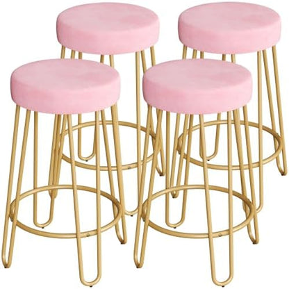 Yaheetech Bar Stools Set of 4, Velvet Counter Stools, Gold Metal Legs, Pink