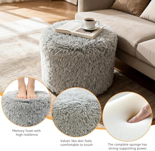 Round Pouf Ottoman Foot Rest, 19"×15" Soft Foam Filled Foot Stool, Lightweight Decorative Pouf for Living Room, Bedroom or Couch, Modern Small Ottoman for Relaxing, Grey
