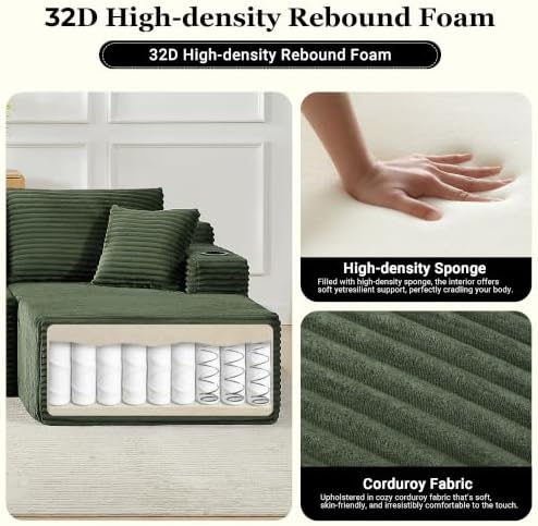 134 inch Boneless Couch, U-Shaped Modular Sectional Sleeper Sofa, Green