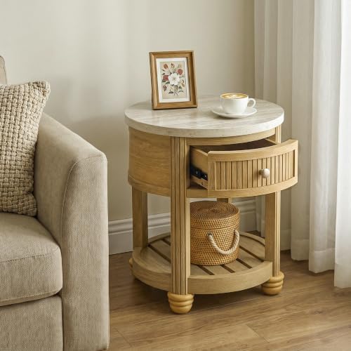 COLAMY Round Side Table, Wood End Table with Drawer and Open Shelf, Solid Wood Legs, Thick 24mm Top, Modern Accent Table for Living Room Bedroom, 19.7 in