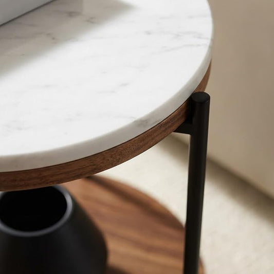 Lyra Round Marble End Table – Solid Acacia Wood Shelf, Open Storage Side Table for Living Room, Bedroom, Entryway, Small Spaces – Nightstand, Plant Stand, Modern Accent Table with Metal Frame