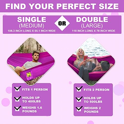 SZHLUX Camping Hammock Double & Single Portable Hammocks with 2 Tree Straps and Attached Carry Bag,Great for Outdoor,Indoor,Beach,Camping,Purple & Pink, Medium