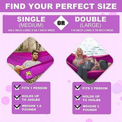 SZHLUX Camping Hammock Double & Single Portable Hammocks with 2 Tree Straps and Attached Carry Bag,Great for Outdoor,Indoor,Beach,Camping,Purple & Pink, Medium