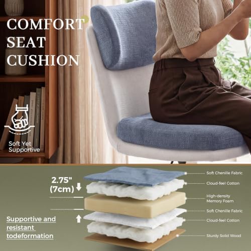 COMHOMA Home Office Desk Chairs with Ergonomic Curved Backrest, Mid Century Modern Vanity Chair with Wheel for Bedroom, Chenille Upholstered, Blue