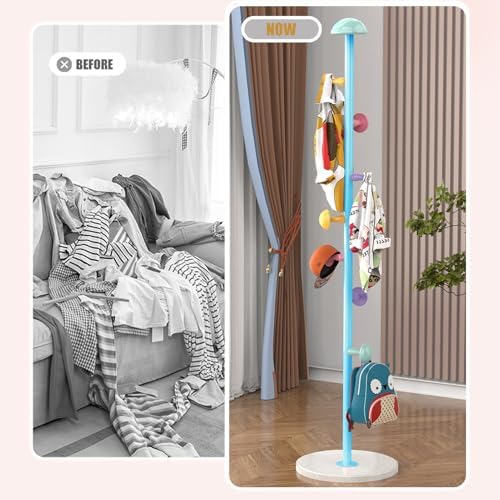 Mushroom Coat Rack, Metal Coat Tree Stand with 7 Hooks, Marble Base, 2 Adjustable Height Freestanding Coat Rack for Coats, Hats, Scarves and Handbags for Entryway, Hallway, Bedroom, Office, Blue