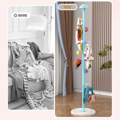 Mushroom Coat Rack, Metal Coat Tree Stand with 7 Hooks, Marble Base, 2 Adjustable Height Freestanding Coat Rack for Coats, Hats, Scarves and Handbags for Entryway, Hallway, Bedroom, Office, Blue