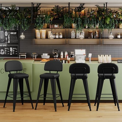 Aklaus PU Leather Metal Bar Stools 26 inch Faux Leather Counter Height Barstools Set of 4 Modern Farmhouse Bar Chairs with High Back and Faux Leather Seat for Kitchen Island Dining Room Matte Black