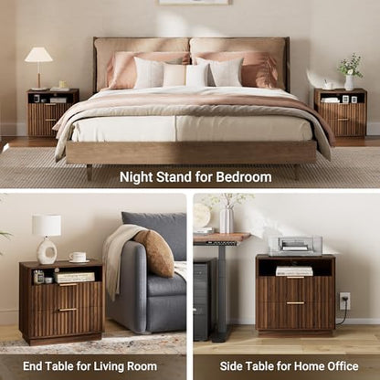 23" W Walnut Fluted Nightstand with Charging Station for Bedroom