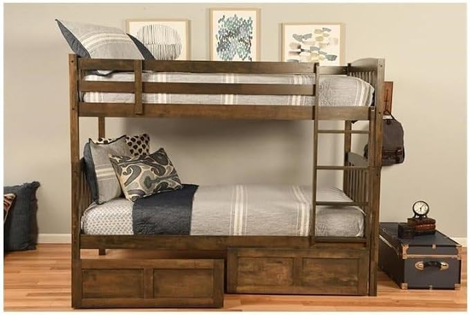 Kodiak Furniture Claire Wood Twin Over Twin Bunk Bed with Storage Drawers in Rustic Walnut Brown Finish - Mattresses Not Included