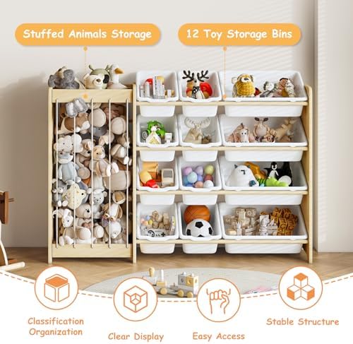Kids Toy Storage Organizer, 2-in-1 Stuffed Animal Storage & Toy Organizer w/12 Bins, Solid Wood Toy Rack Featuring Thicker Elastic Ropes to Hold Toys, Playroom Nursery Bedroom Storage, White